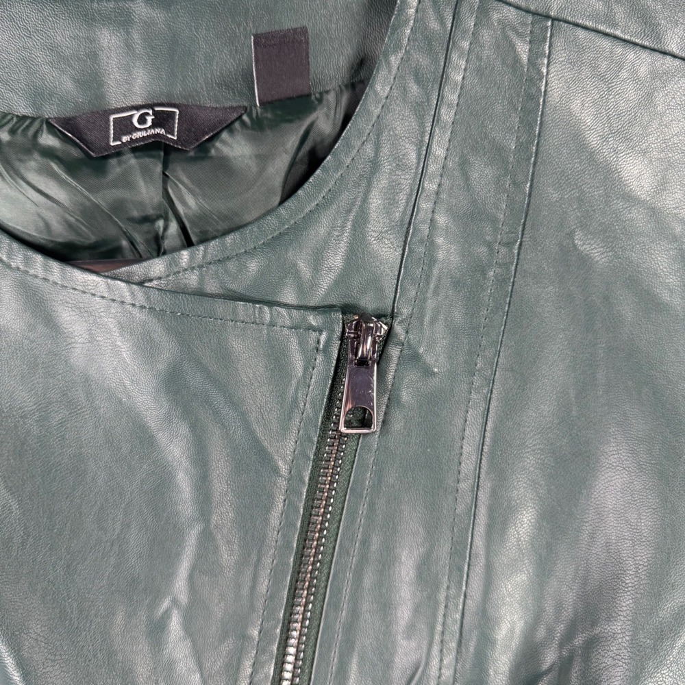 G by Giuliana Womens Faux Leather Jacket Dark Green Asymmetrical Cropped XS NWOT - Picture 4 of 10
